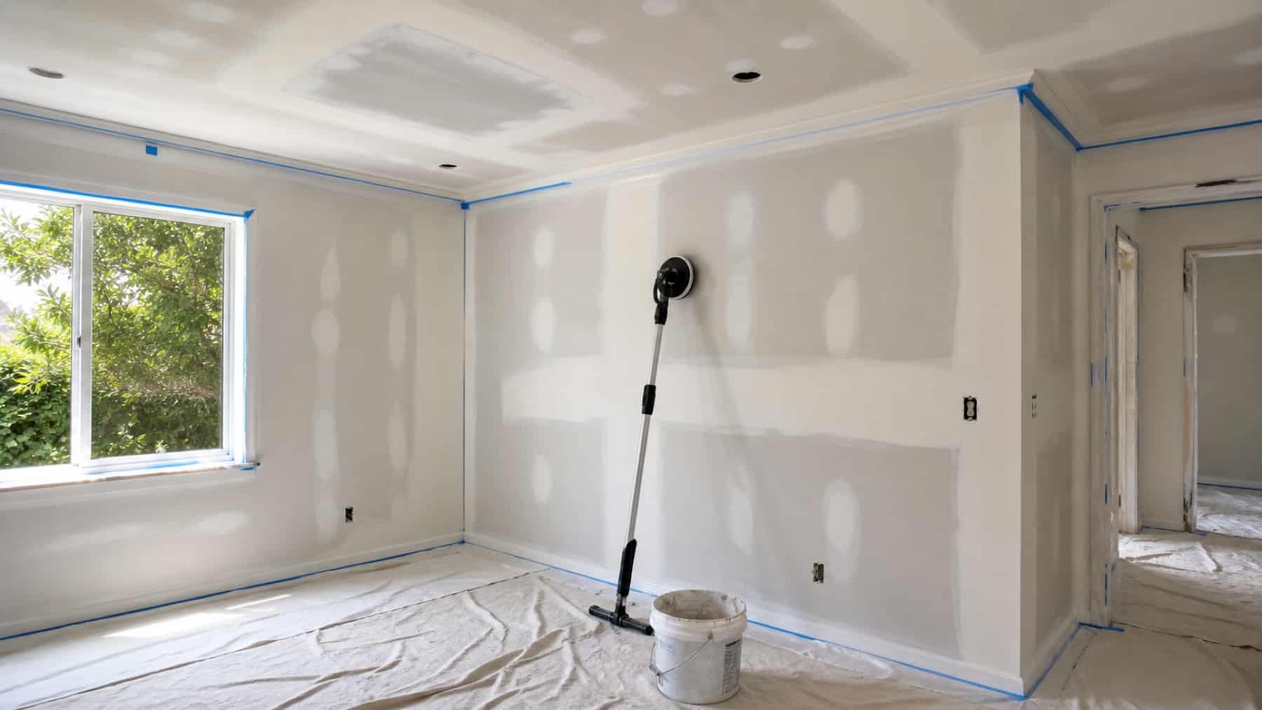 Paint-ready drywall and ceiling repair areas prepared for finishing