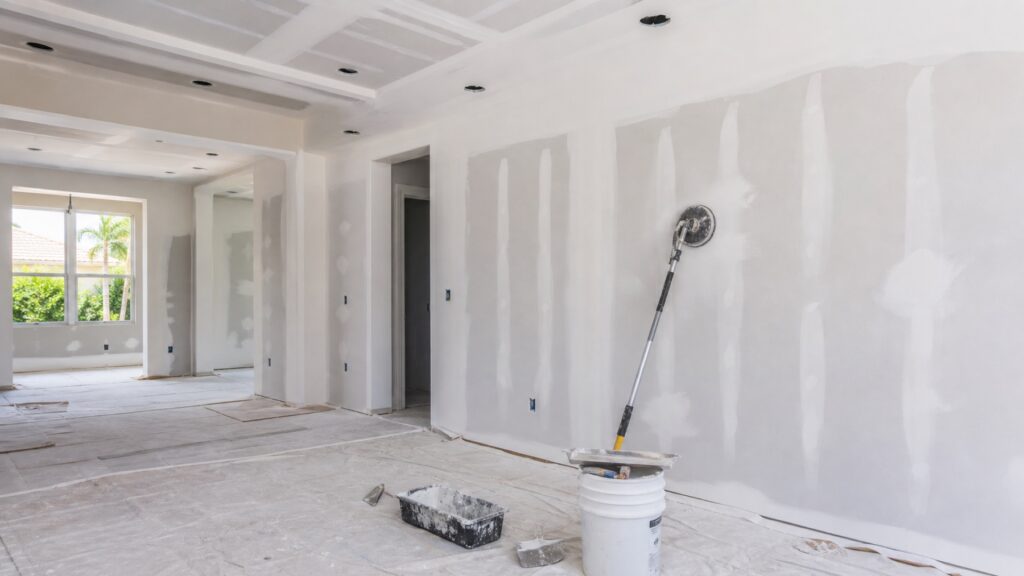 Drywall finish levels in a Bonita Springs remodel with smooth taped seams and protected floors