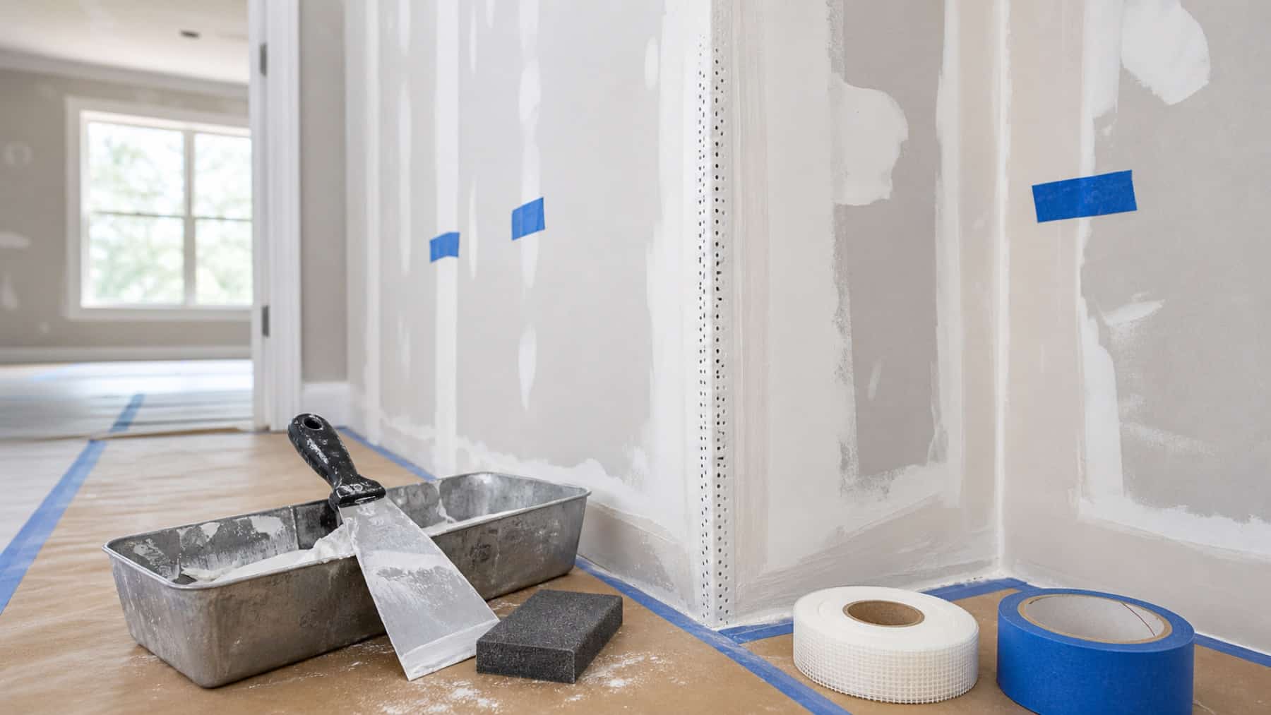Drywall surface preparation tools with protected flooring before remodeling finish work