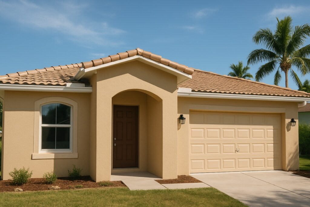 Southwest Florida stucco home exterior repainted in a warm tan color