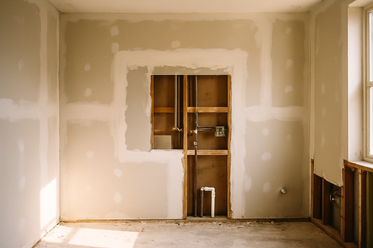 Patched drywall and exposed framing after plumbing and electrical upgrades