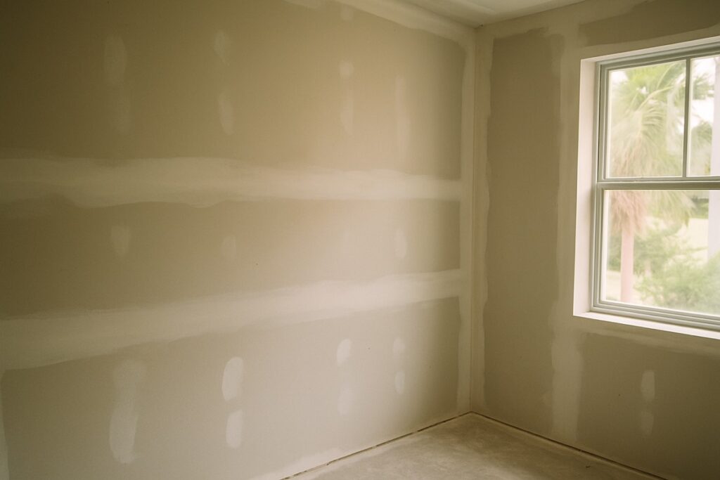 Paint-ready drywall walls with finished seams in a coastal Florida home