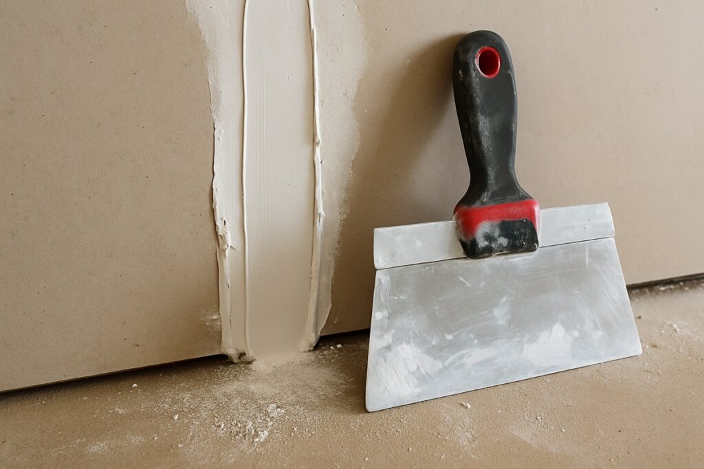 Taping knife and joint compound applied to a drywall seam
