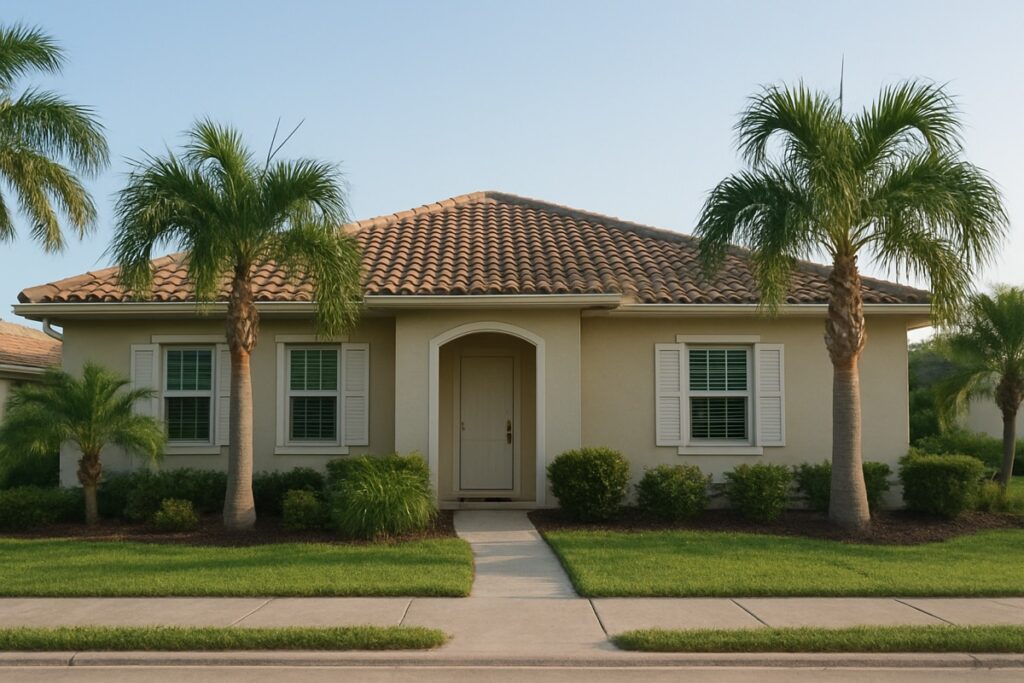 Single-story stucco home in Southwest Florida photographed on a clear calm summer day
