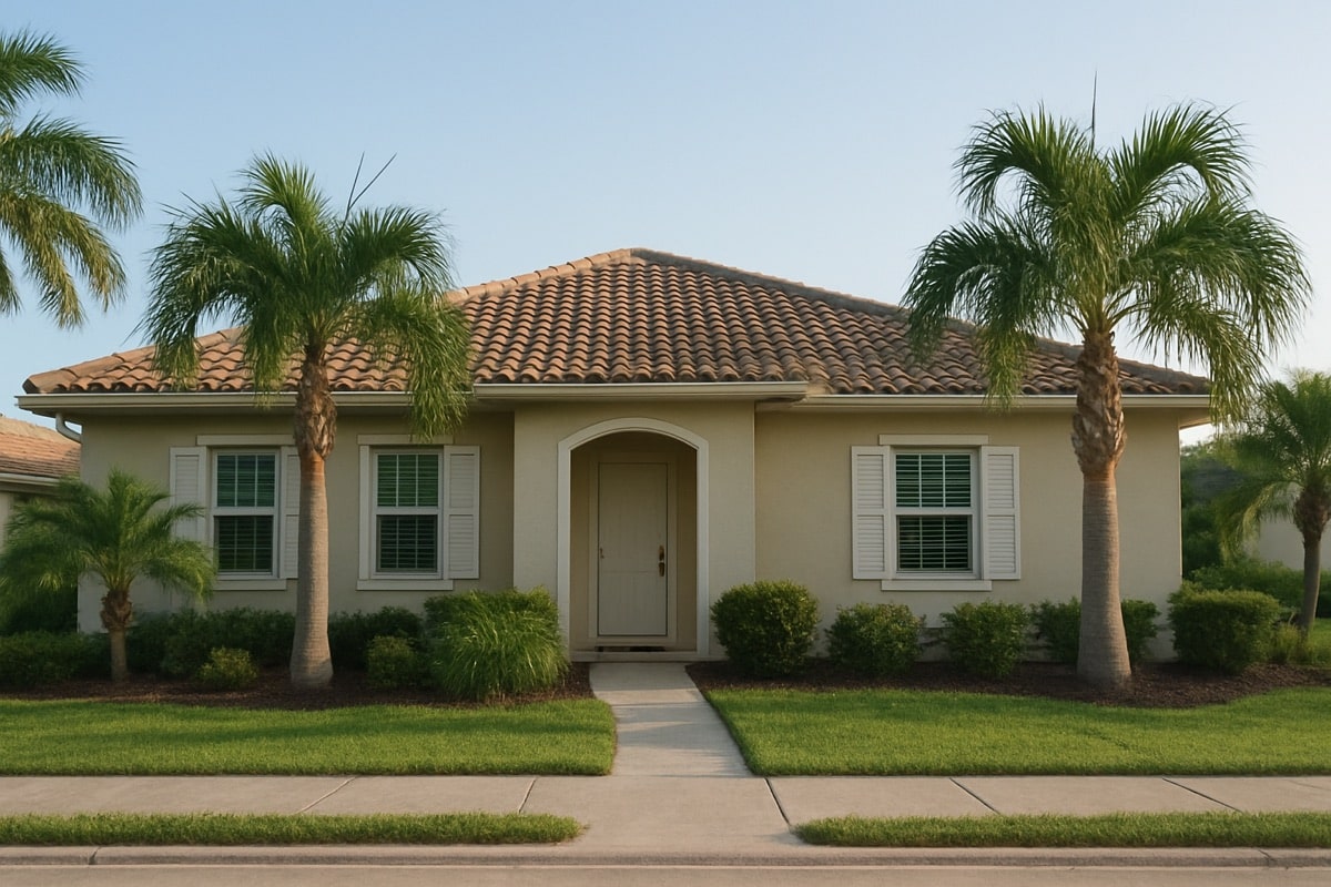 Single-story stucco home in Southwest Florida photographed on a clear calm summer day