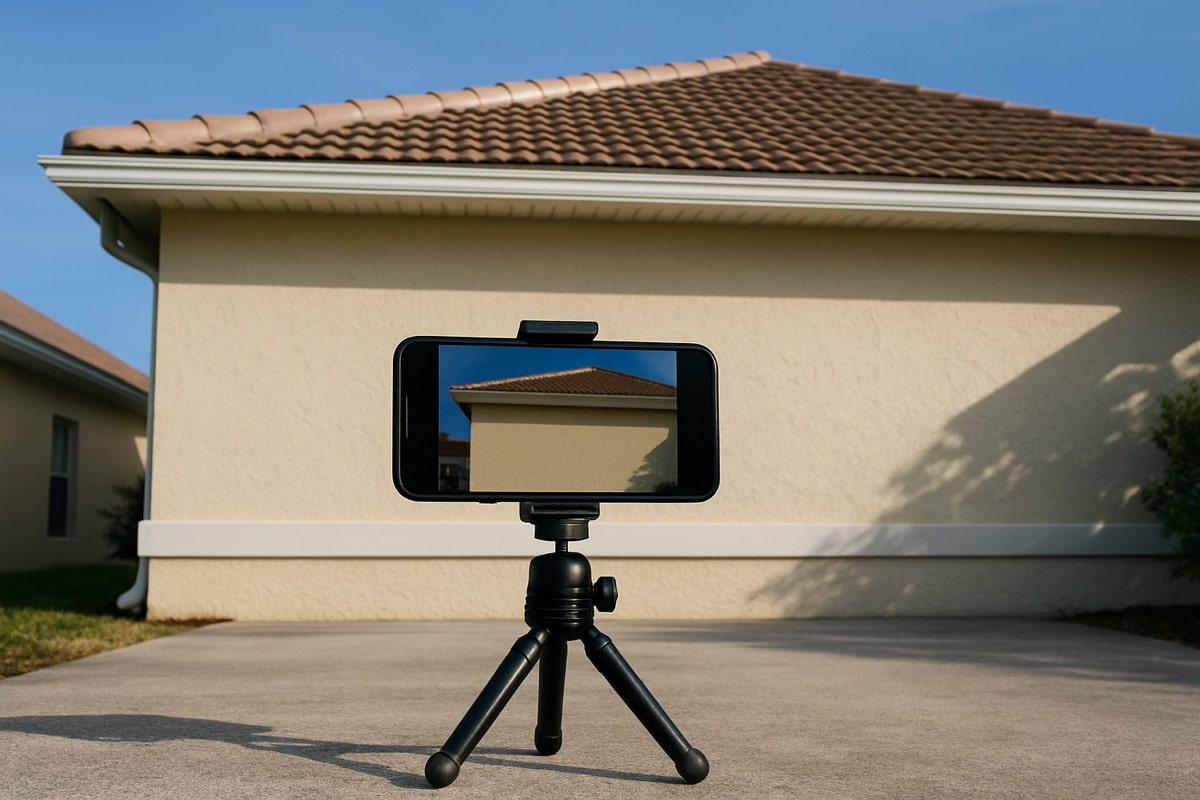 Smartphone photographing the stucco wall and roofline of a Southwest Florida home on a clear day