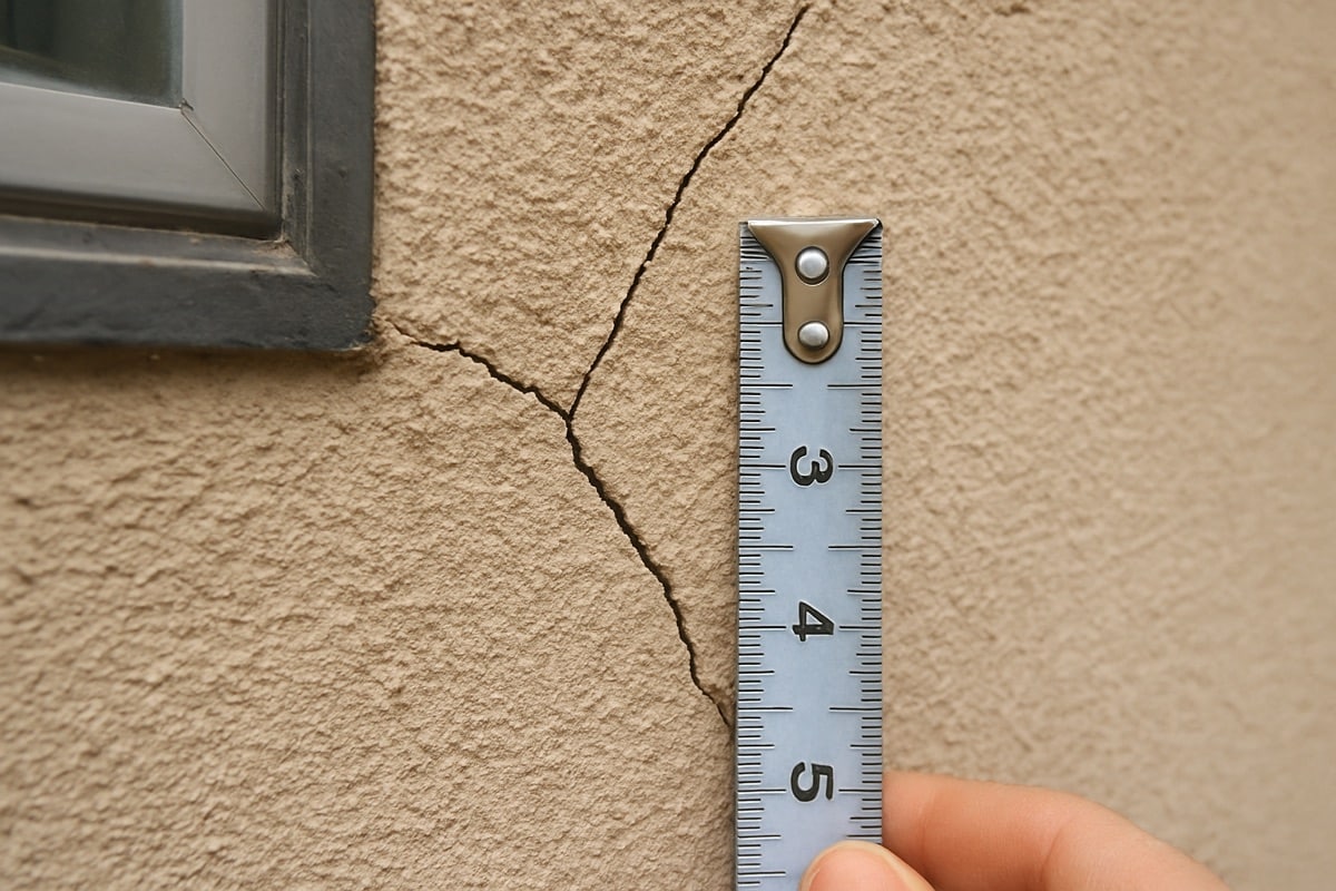 Close-up of a hairline stucco crack at a window corner with a tape measure resting against the wall for scale