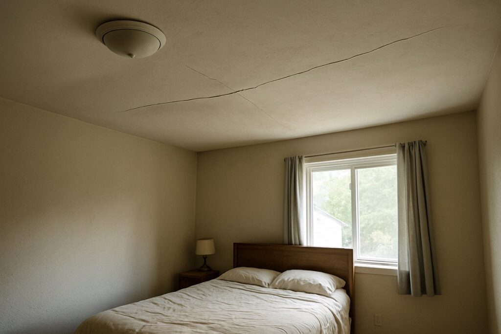 Bedroom ceiling in a Florida home showing a shallow visible sag between framing lines