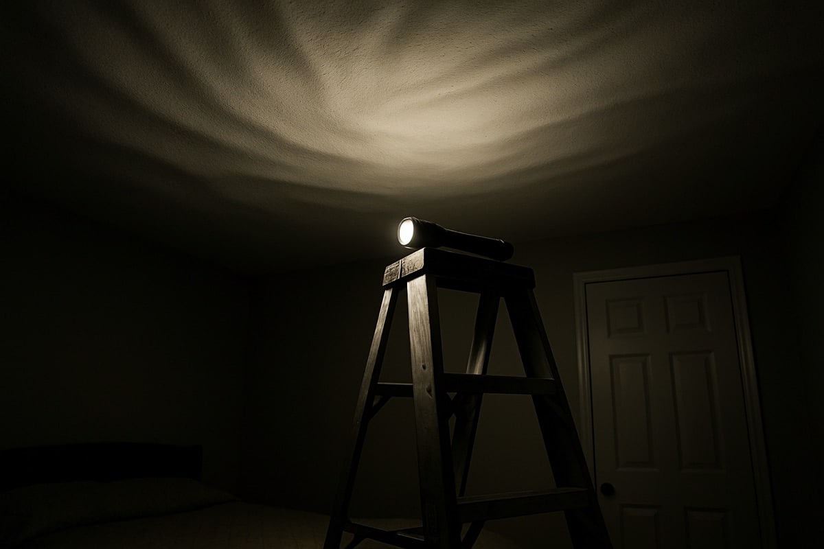 Flashlight beam raking across a bedroom ceiling revealing a shallow sag between framing lines
