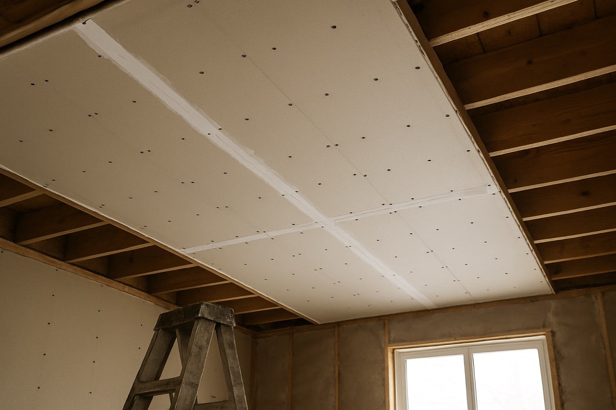 New drywall panel screwed into ceiling framing with finishing tools and joint compound staged below
