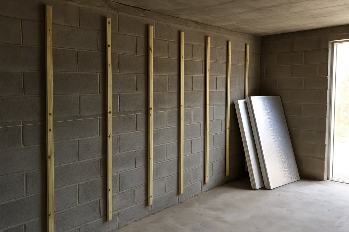 Bare concrete block garage wall prepared for furring strips and insulation in a Florida home