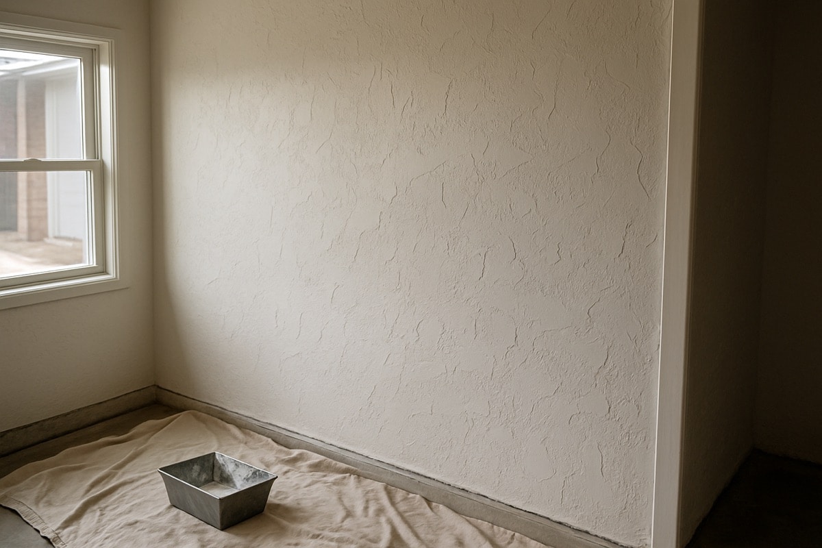 Finished drywall with fresh knockdown texture inside a converted garage room