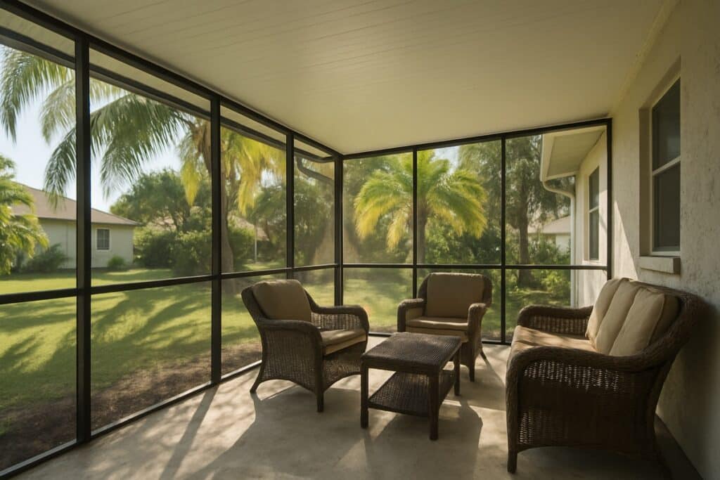 Screened lanai on a Southwest Florida home with a freshly finished light-colored ceiling