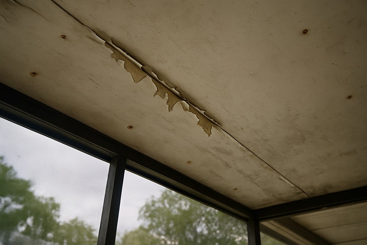 Lanai ceiling with peeling paint and mildew staining on a Southwest Florida home