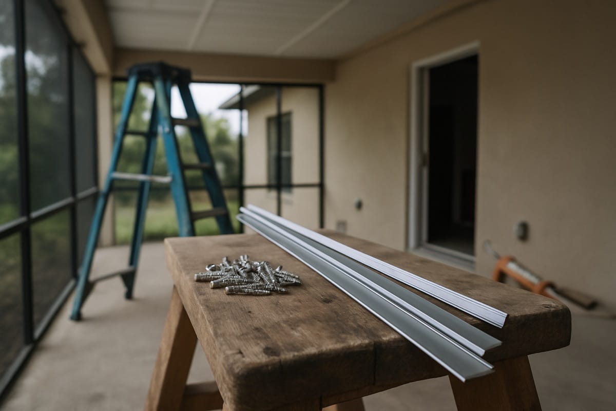 Stainless steel fasteners and corrosion-resistant trim staged for a lanai ceiling installation