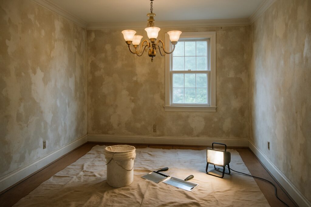Dining room wall mid-restoration with wallpaper removed and skim coating supplies staged