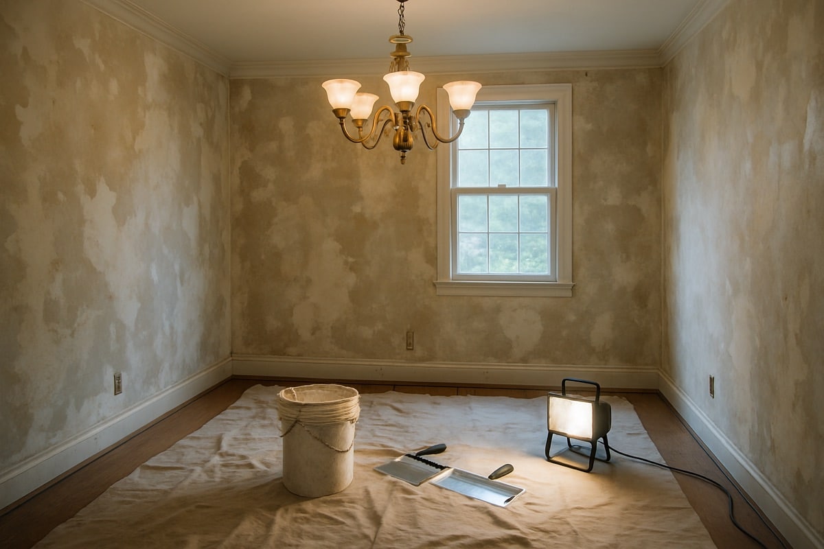 Dining room wall mid-restoration with wallpaper removed and skim coating supplies staged