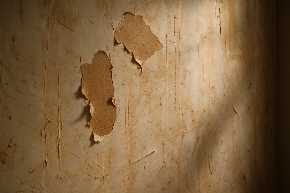 Wall with torn drywall paper and adhesive residue after wallpaper removal in a Florida home