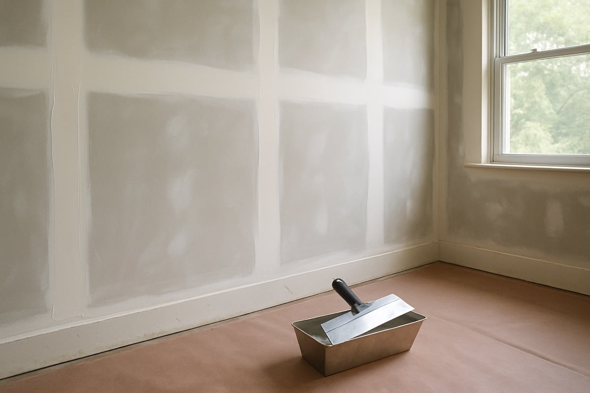 Wide drywall knife pulling a thin skim coat of joint compound across a wall