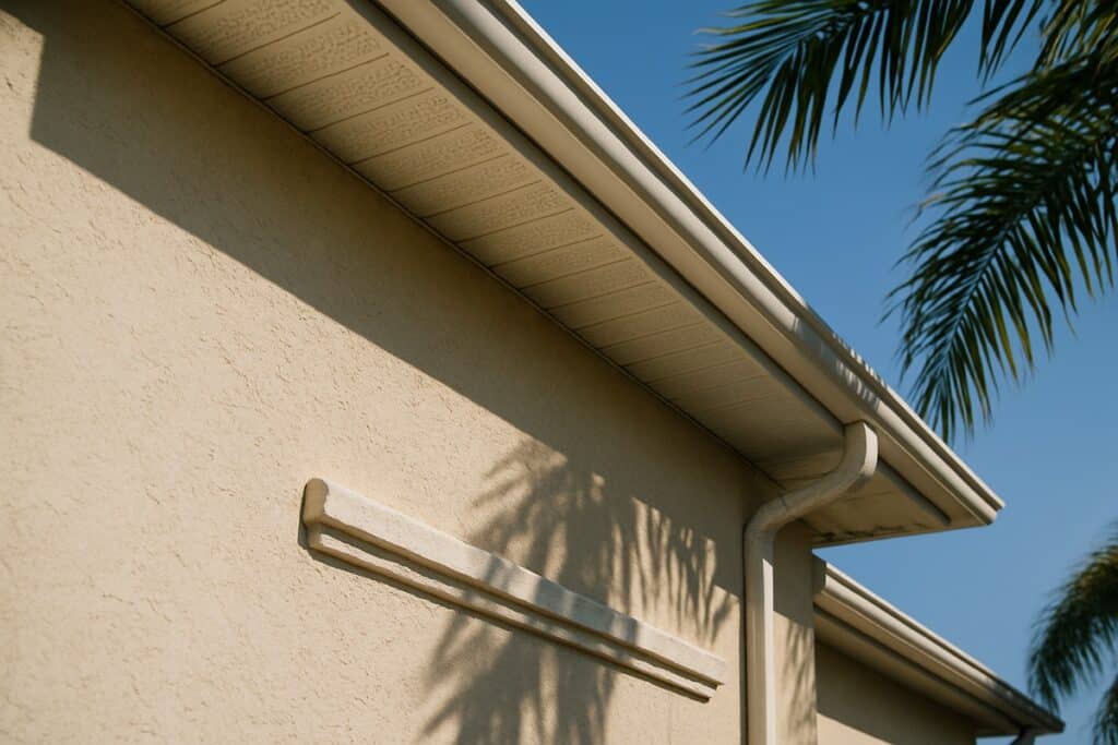 Eave of a Southwest Florida stucco home showing the soffit, fascia, and decorative stucco band