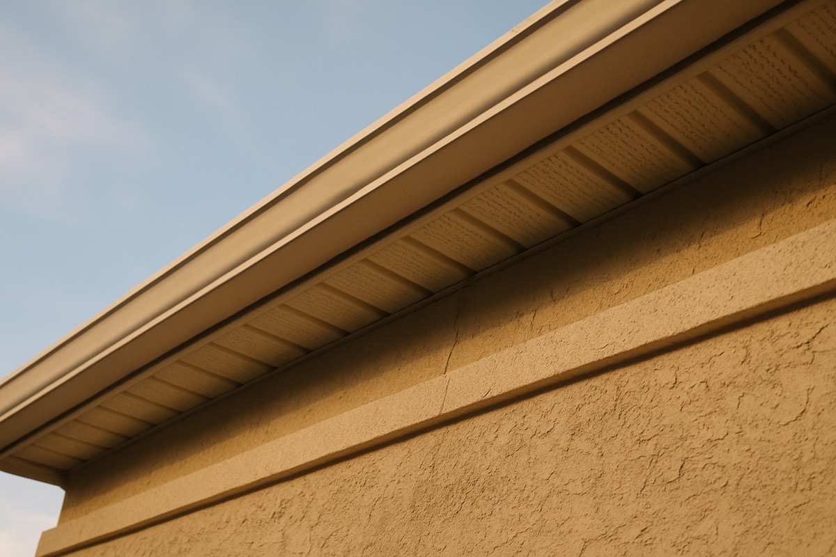 Roofline of a Florida stucco home showing fascia, vented soffit, and a raised stucco band