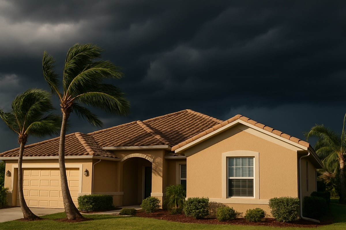 Tan stucco home in Southwest Florida with storm clouds building before hurricane season
