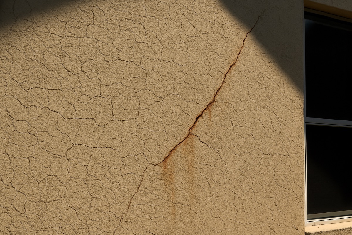 Map cracking and rust staining on a Florida stucco wall spotted during a pre-hurricane-season inspection