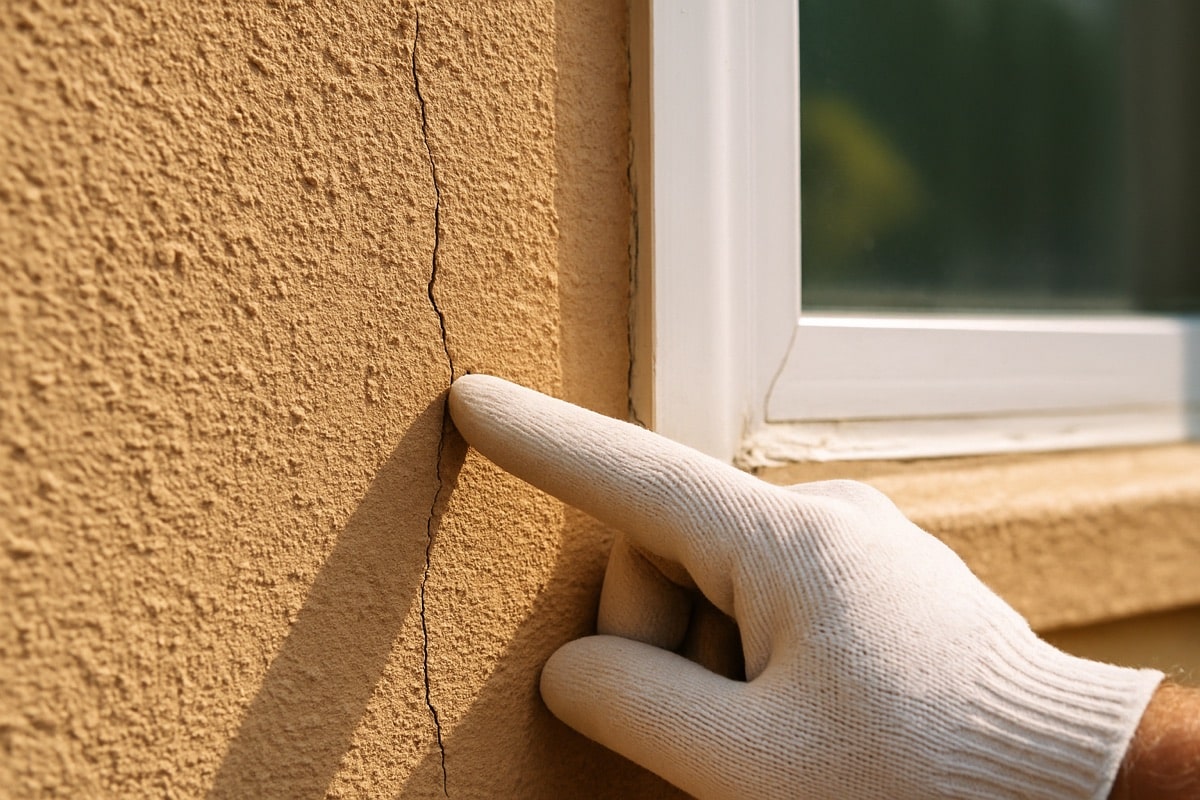 Gloved hand pointing at a hairline stucco crack beside a window sealant joint during a stucco inspection