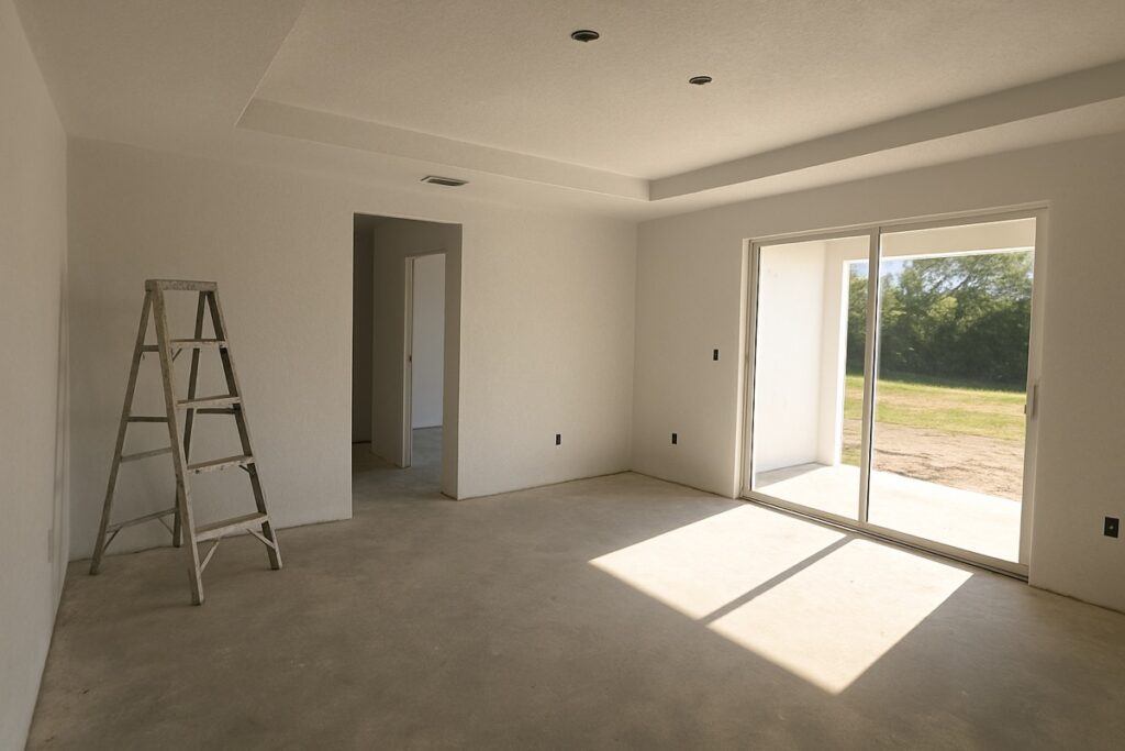 Interior of a new construction Florida home with freshly textured and primed walls