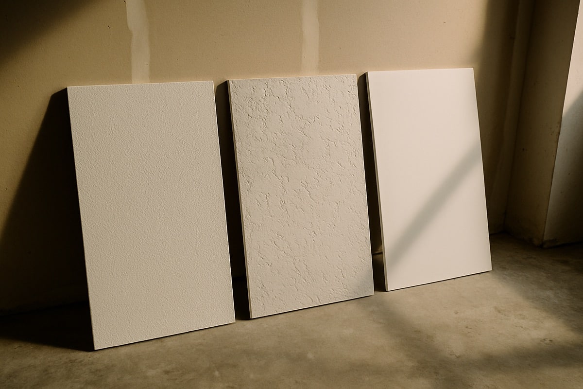 Sample boards showing orange peel, knockdown, and smooth drywall finishes side by side