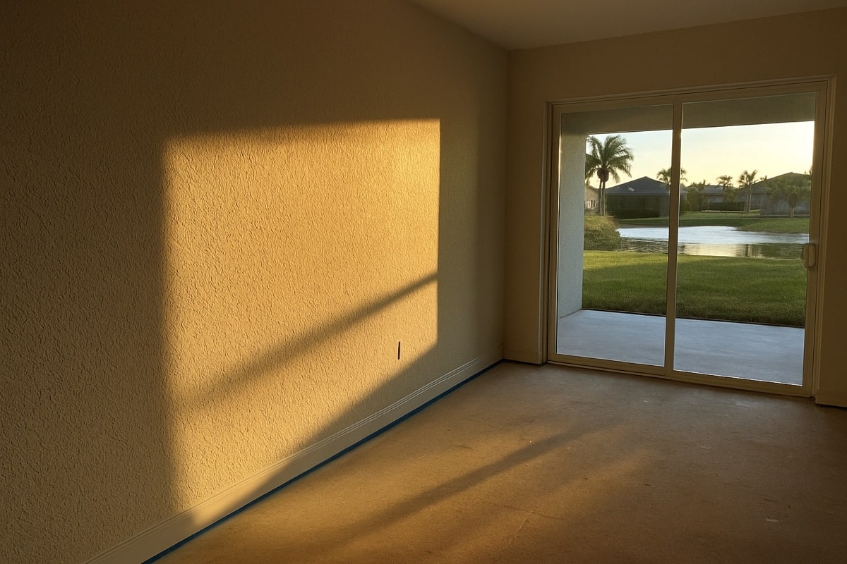 Sunlight from a large slider raking across a freshly finished knockdown wall in a new Florida home