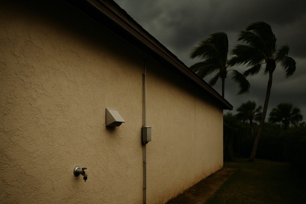 Stucco wall of a Southwest Florida home with utility penetrations under a darkening storm sky