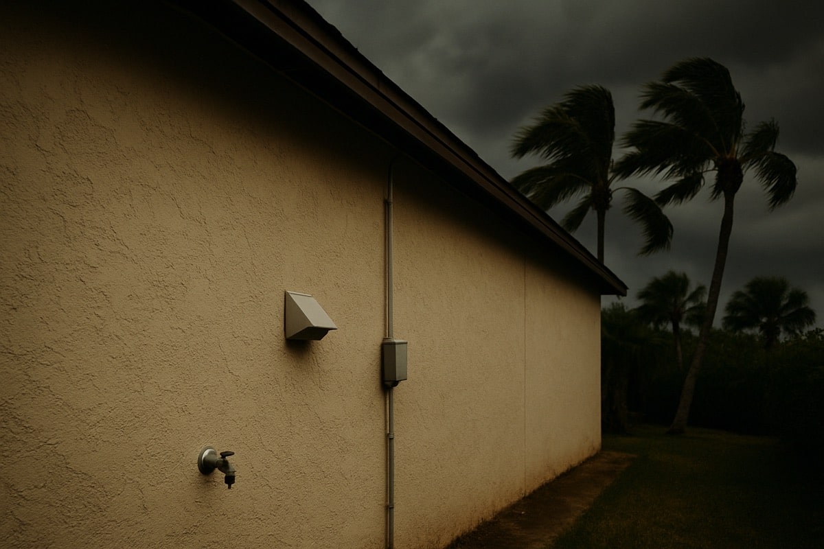 Stucco wall of a Southwest Florida home with utility penetrations under a darkening storm sky