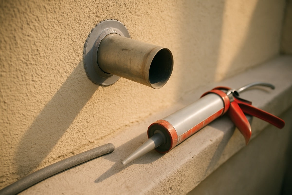 Freshly tooled sealant joint around a wall penetration with restored stucco edges
